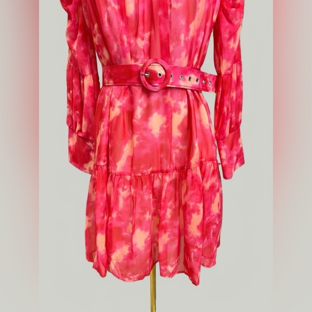 Dress Women Size Large Pink Tie Dye Mini Ruffle Long Sleeves Tiered Skirt Sheer - Picture 10 of 15